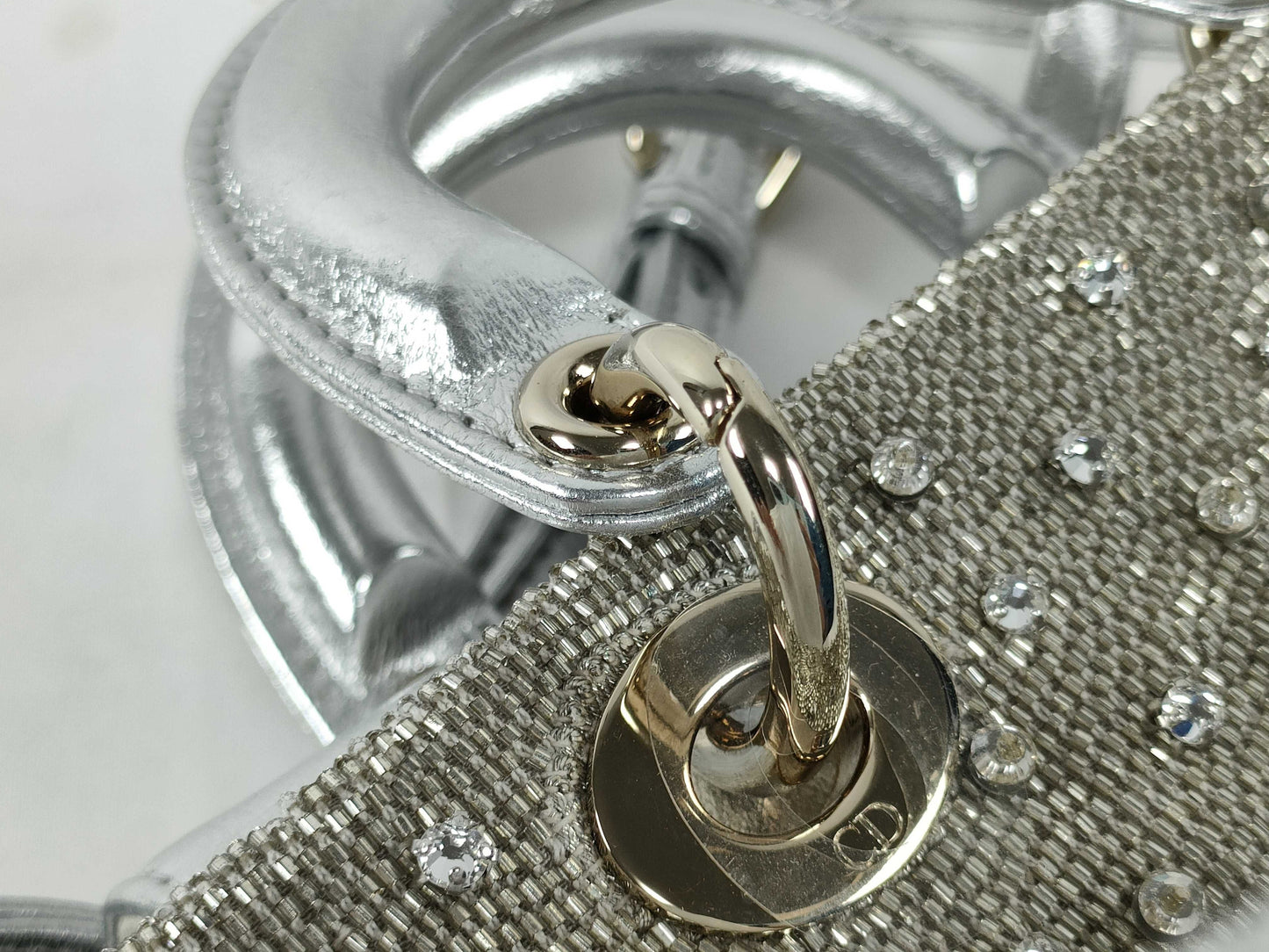 Dior D-Joy Micro Silver Lambskin Beaded Rhinestone 2-Way Handbag