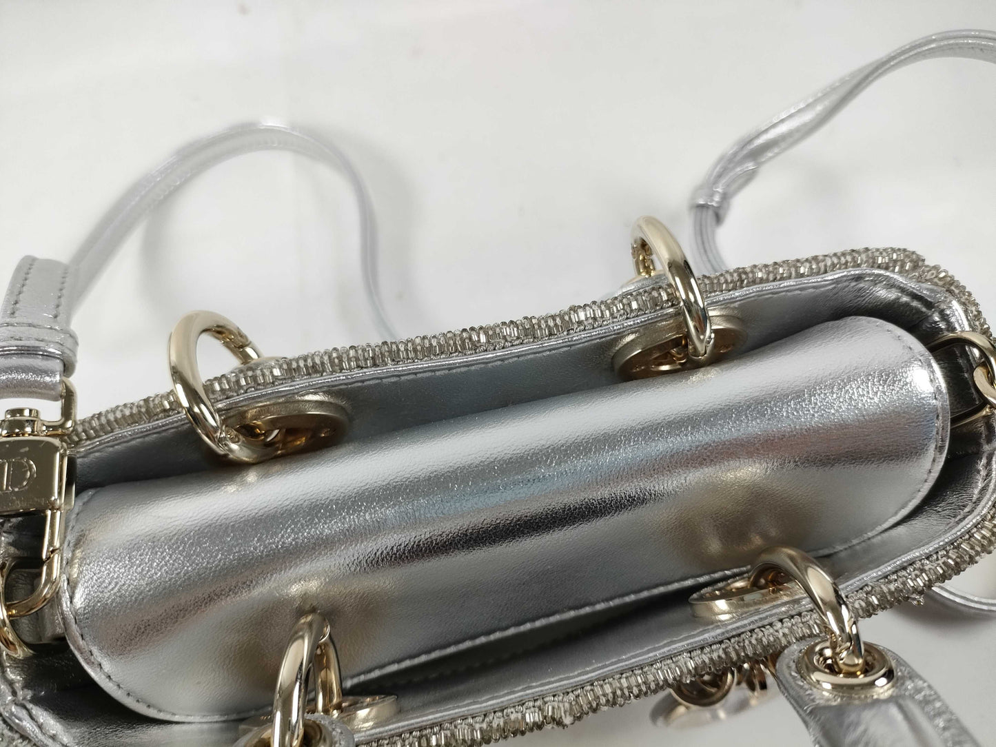 Dior D-Joy Micro Silver Lambskin Beaded Rhinestone 2-Way Handbag