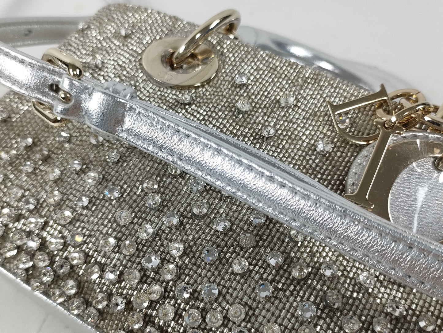 Dior D-Joy Micro Silver Lambskin Beaded Rhinestone 2-Way Handbag