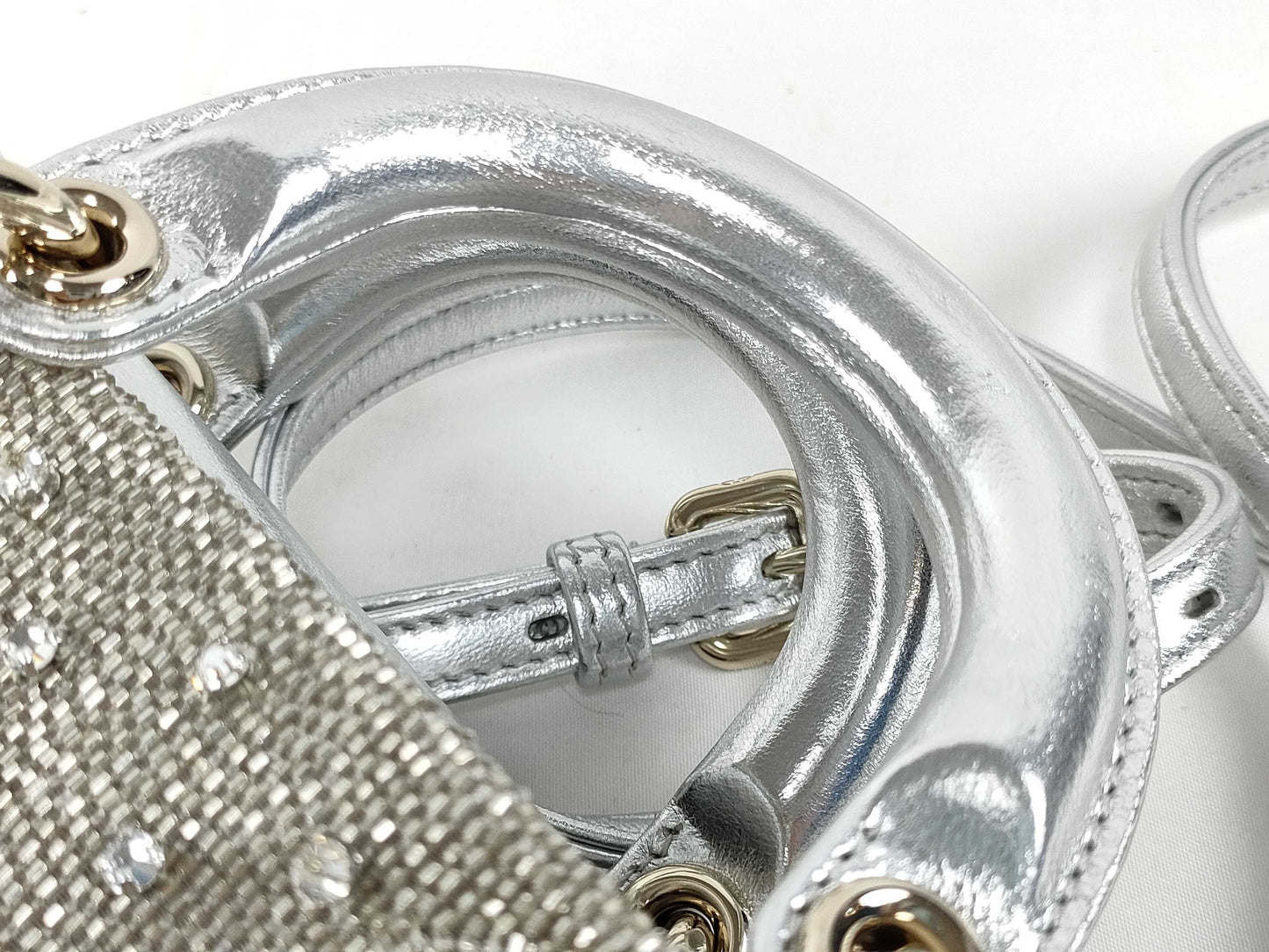 Dior D-Joy Micro Silver Lambskin Beaded Rhinestone 2-Way Handbag
