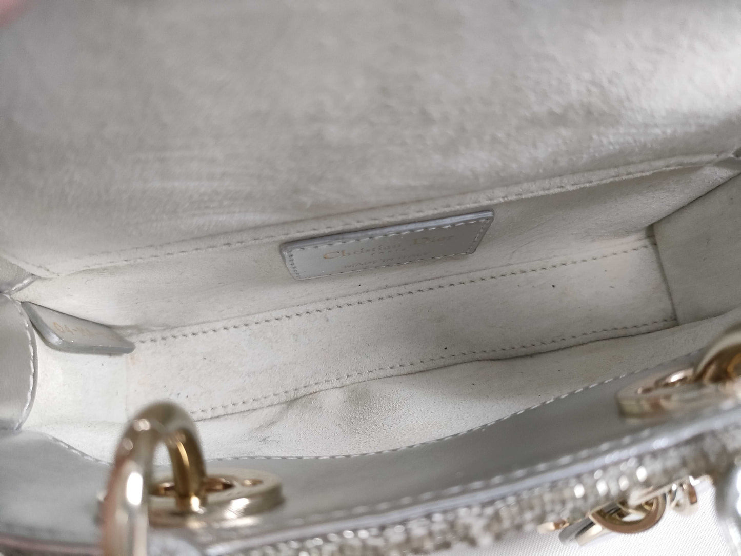 Dior D-Joy Micro Silver Lambskin Beaded Rhinestone 2-Way Handbag