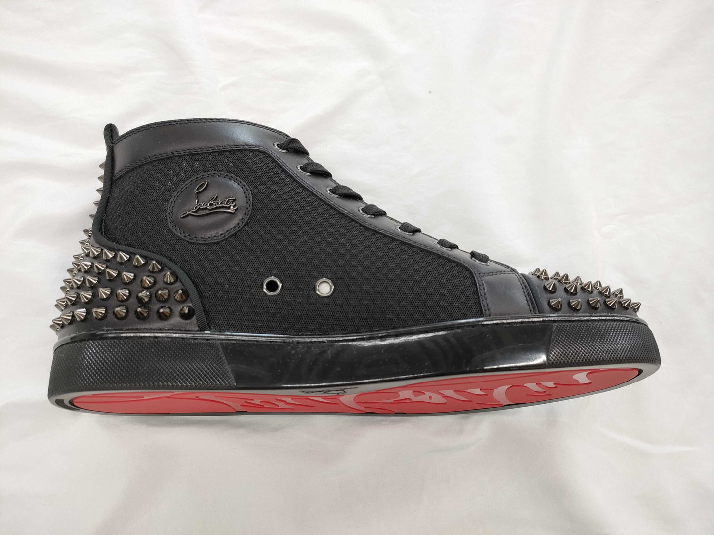 Christian Louboutin Men's Spiked Calfskin Mesh High-Top Sneakers in Black, Size 44.5