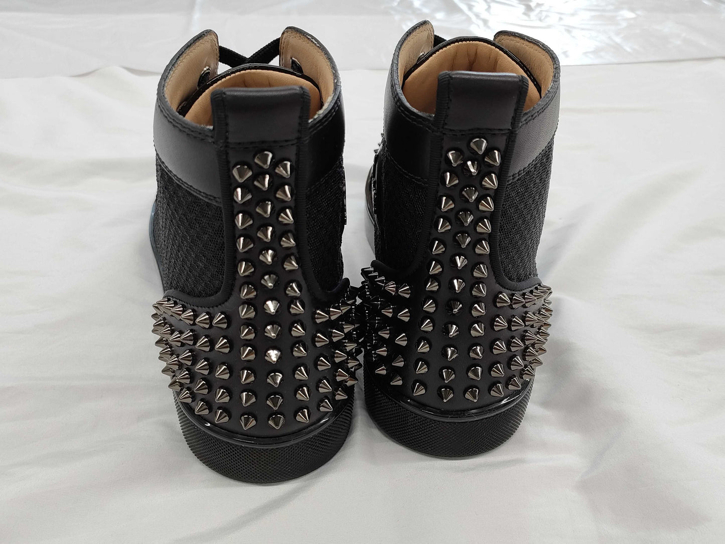 Christian Louboutin Men's Spiked Calfskin Mesh High-Top Sneakers in Black, Size 44.5