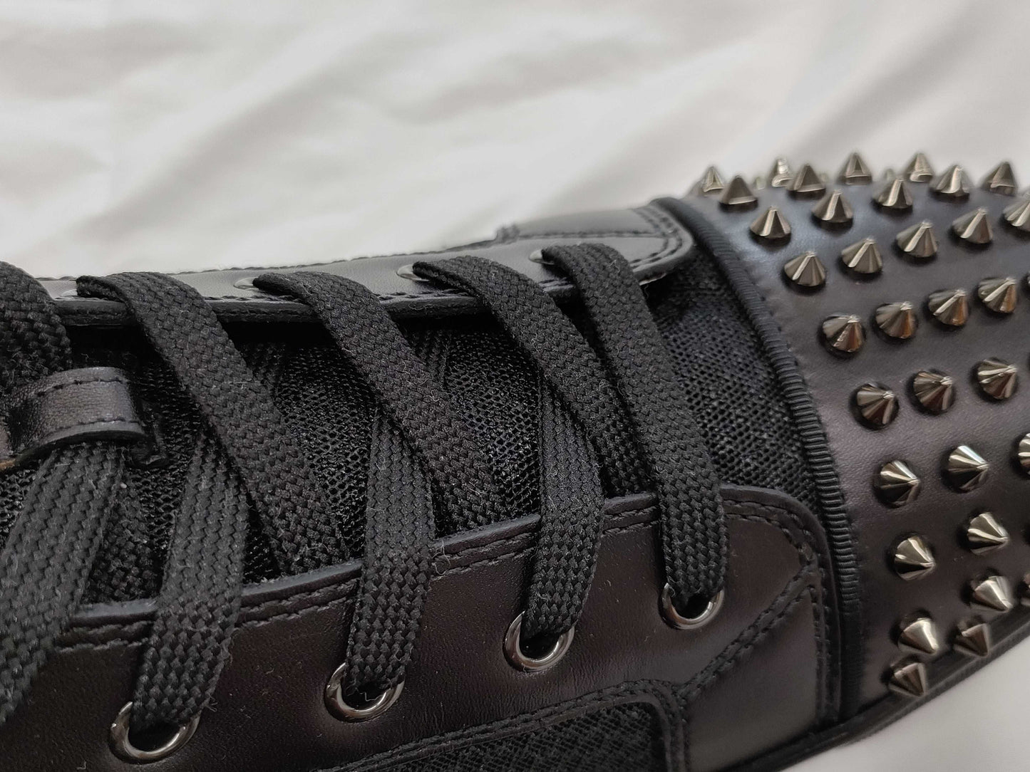 Christian Louboutin Men's Spiked Calfskin Mesh High-Top Sneakers in Black, Size 44.5