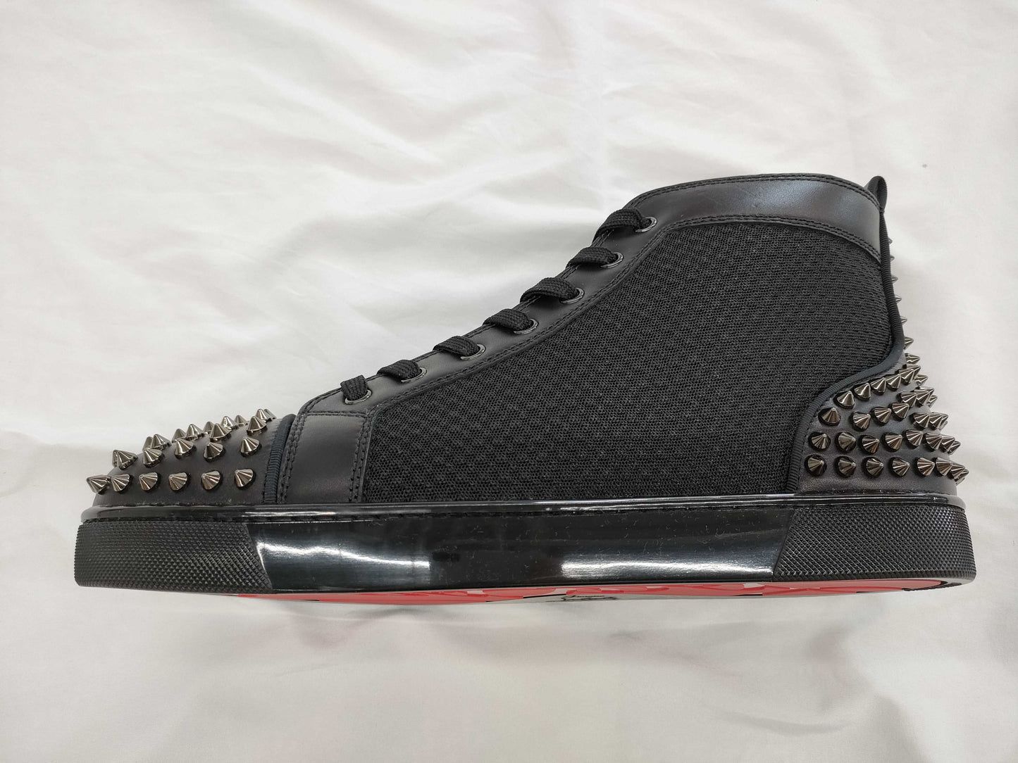 Christian Louboutin Men's Spiked Calfskin Mesh High-Top Sneakers in Black, Size 44.5