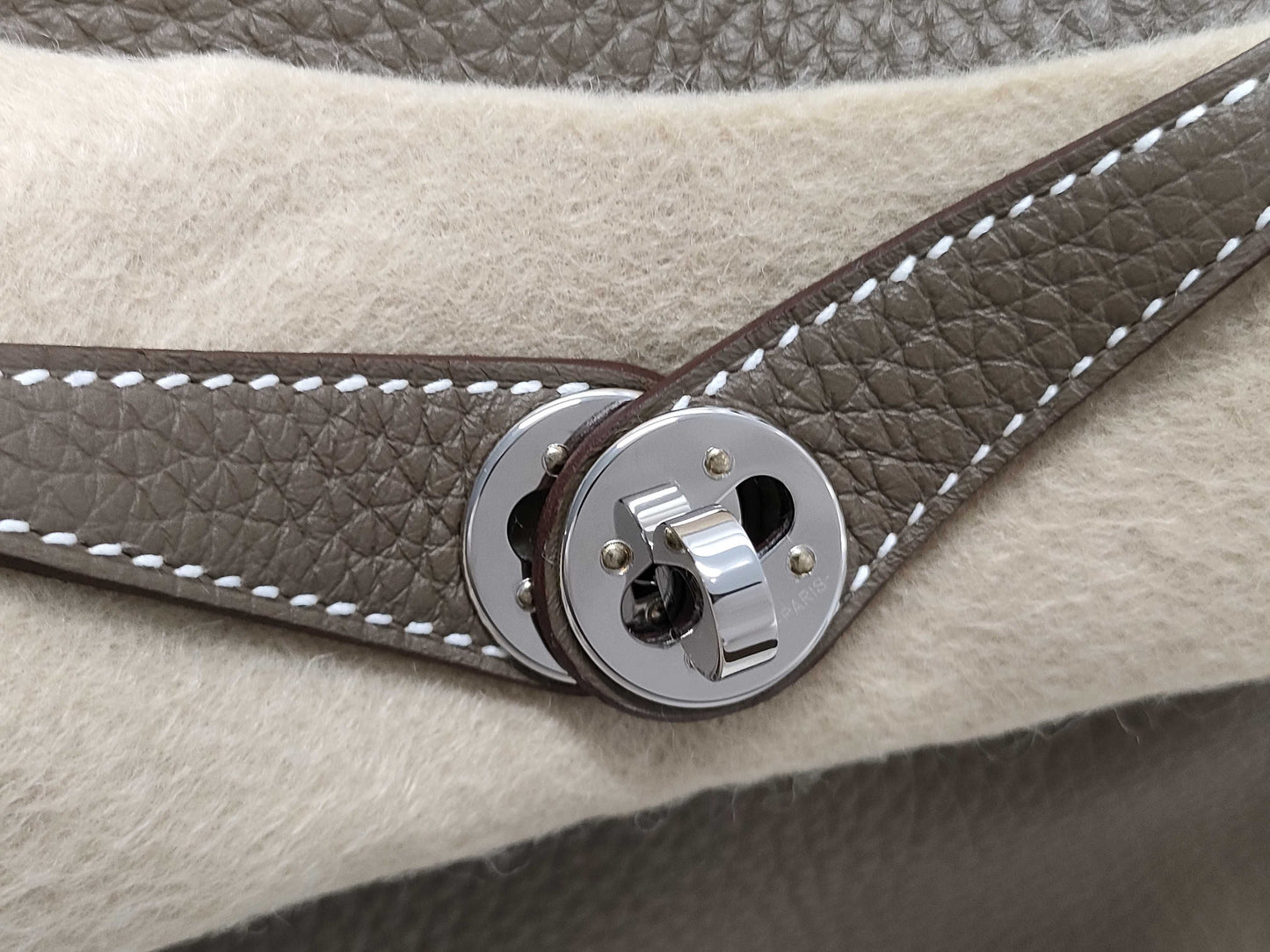 HERMES Lindy Mini Taurillon Etoupe Shoulder Bag with P Hardware and Double Stamp