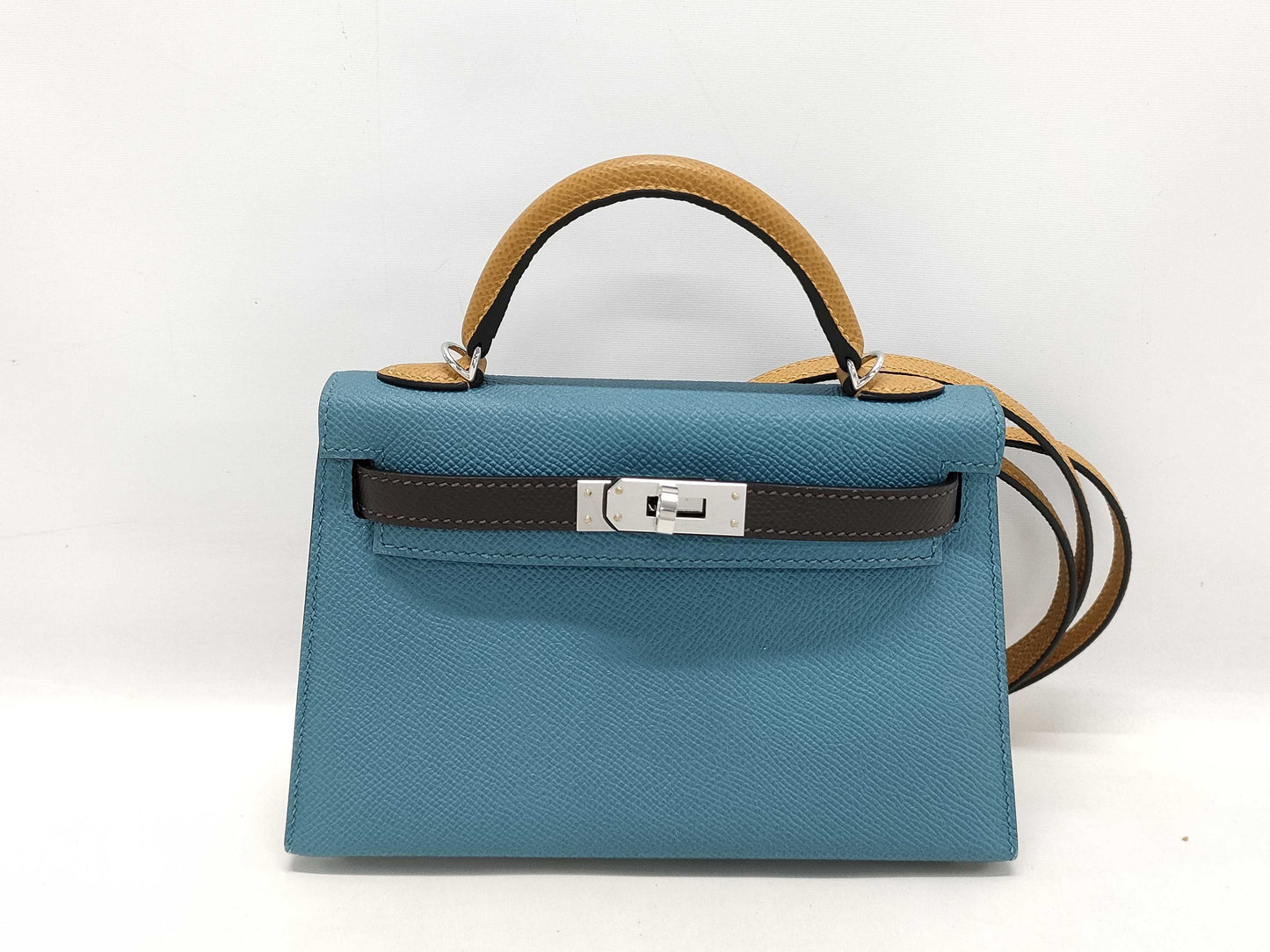 HERMES Kelly Hermès Mini Kelly Epson Tricolor Blue Jean Ecru Sesame Silver Hardware Double Stamp Shoulder Bag