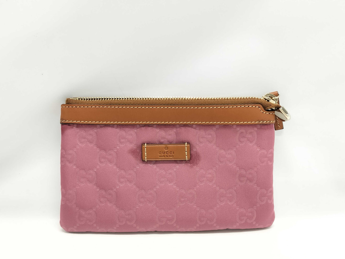GUCCI GG Nylon Leather Pouch in Pink and Brown
