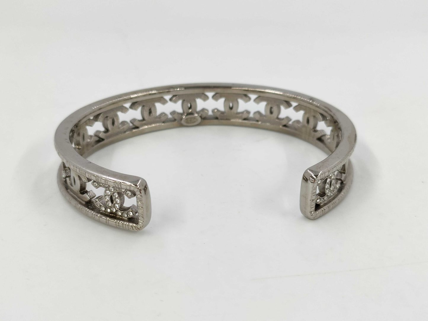 CHANEL Coco Mark Rhinestone Bangle Silver A22A Bracelet/Bangle