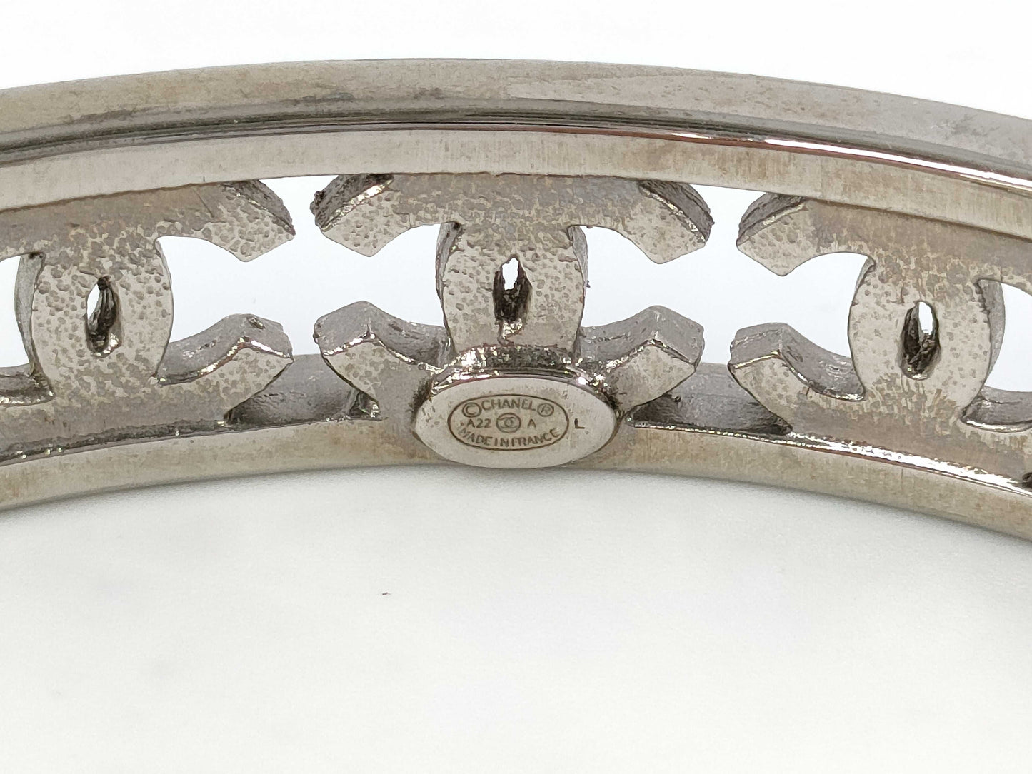 CHANEL Coco Mark Rhinestone Bangle Silver A22A Bracelet/Bangle