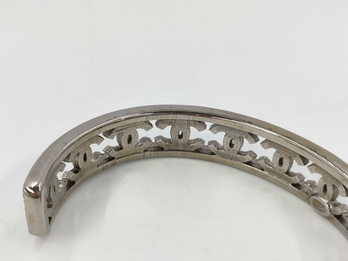 CHANEL Coco Mark Rhinestone Bangle Silver A22A Bracelet/Bangle