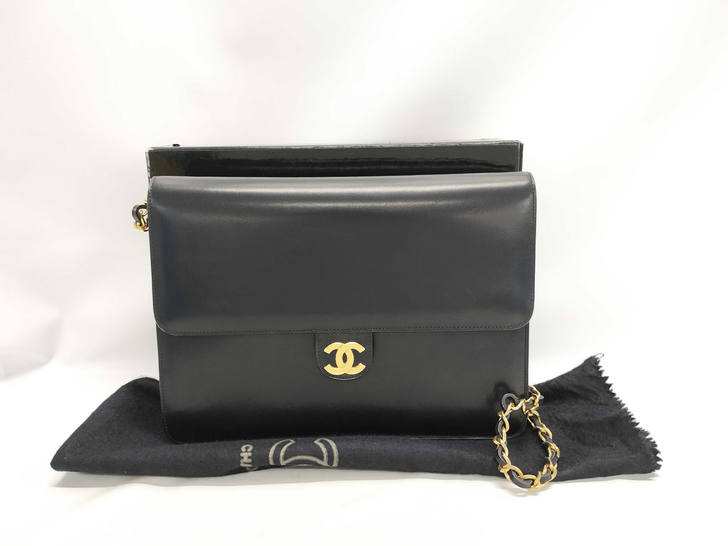 CHANEL Calfskin Push Lock Black Shoulder Bag