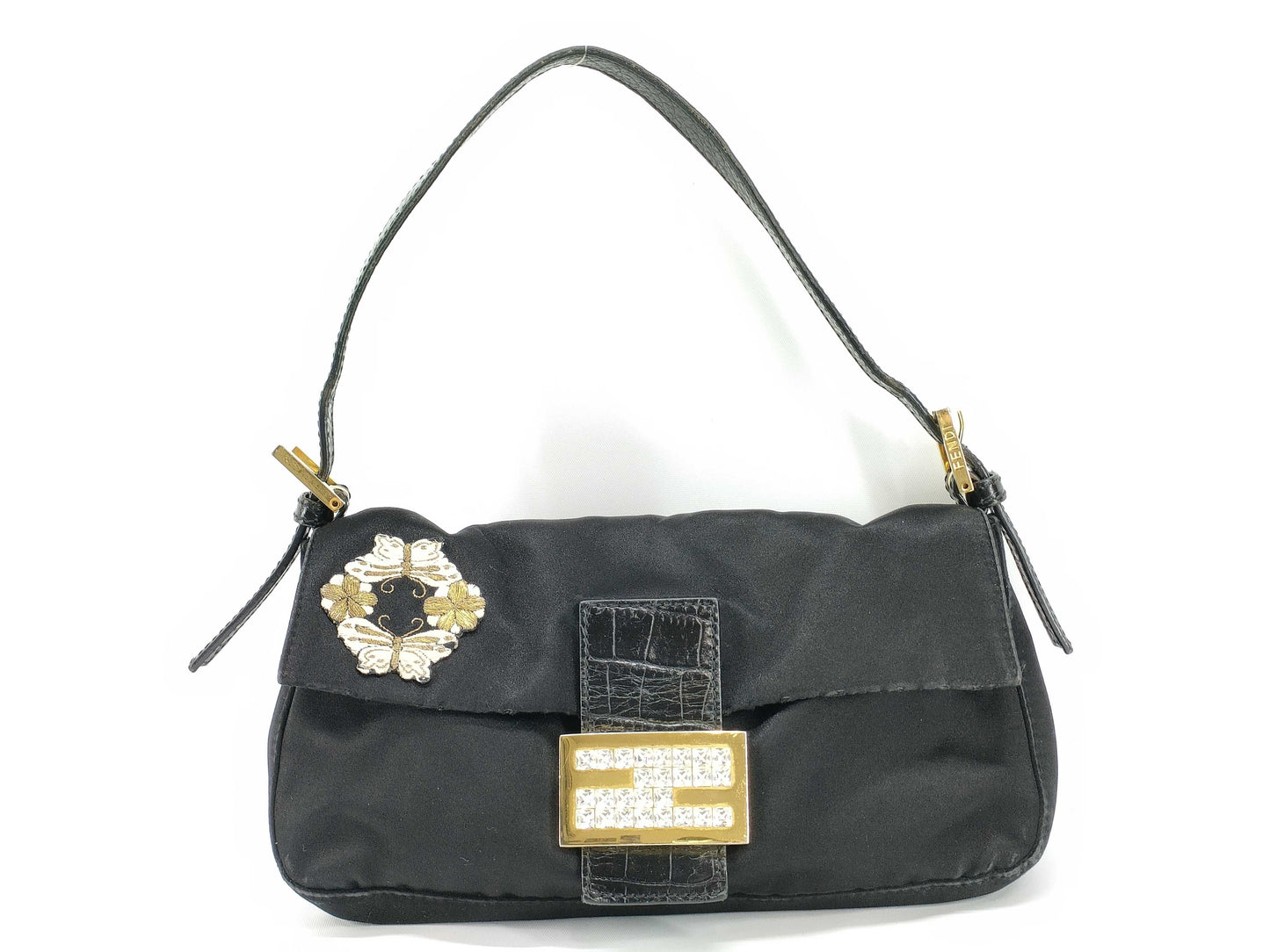 FENDI Mamma Rhinestone Embroidered Floral Crocodile Mamma Bucket Handbag
