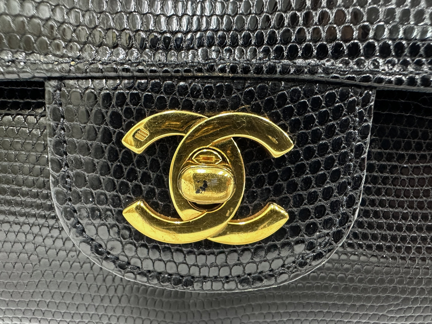 CHANEL Chanel Chain Shoulder Bag, Lizard Leather, Black, W23cm, with Seal