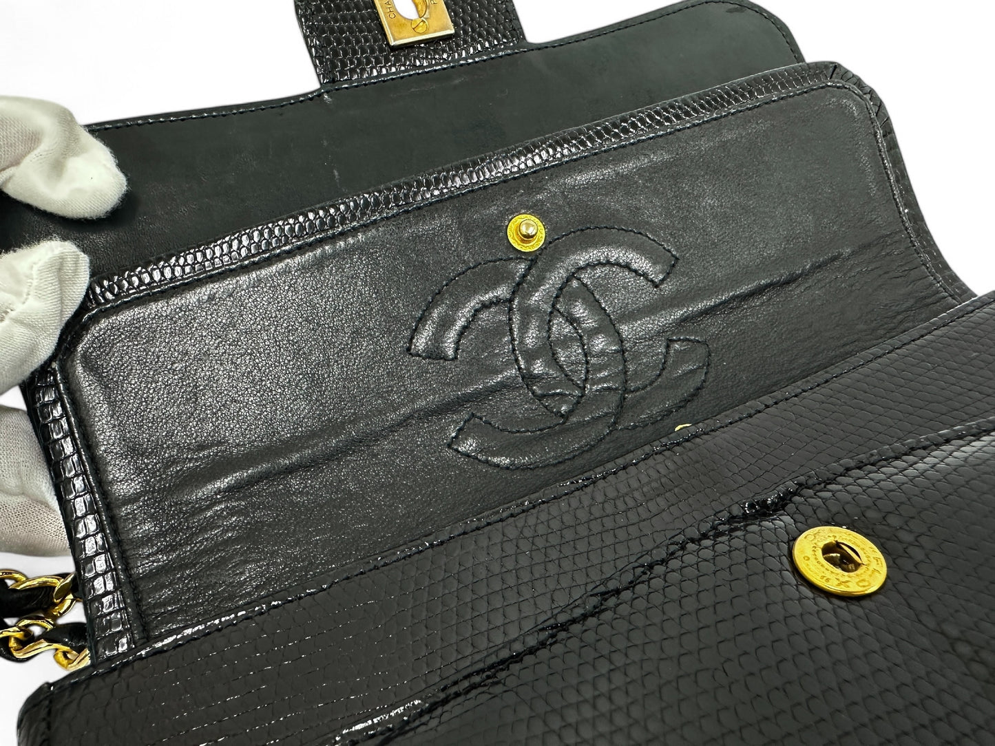 CHANEL Chanel Chain Shoulder Bag, Lizard Leather, Black, W23cm, with Seal