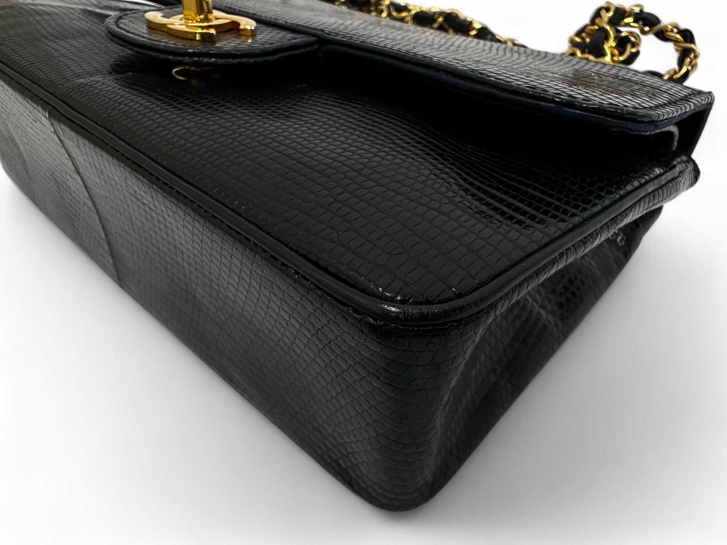 CHANEL Chanel Chain Shoulder Bag, Lizard Leather, Black, W23cm, with Seal