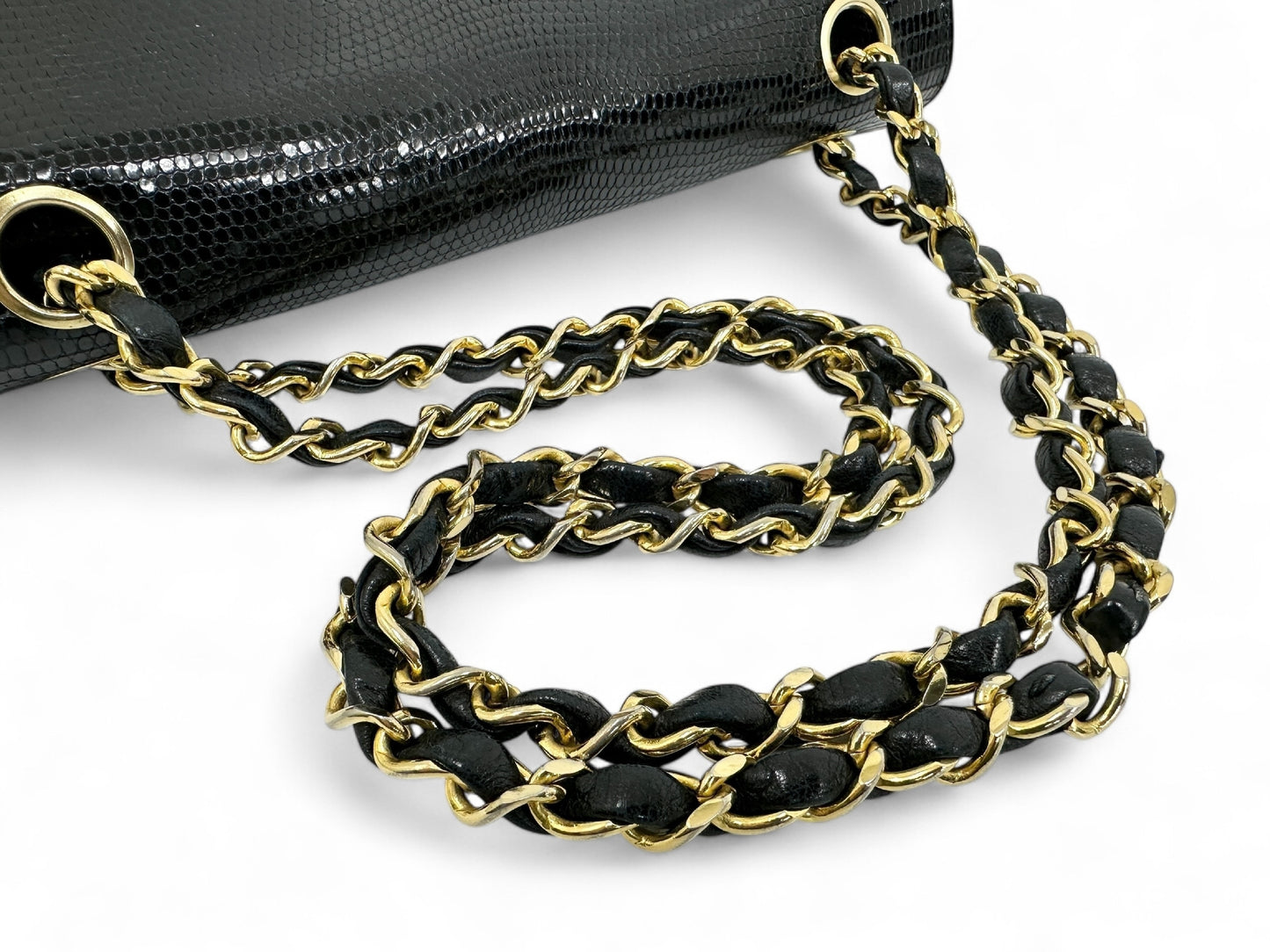 CHANEL Chanel Chain Shoulder Bag, Lizard Leather, Black, W23cm, with Seal