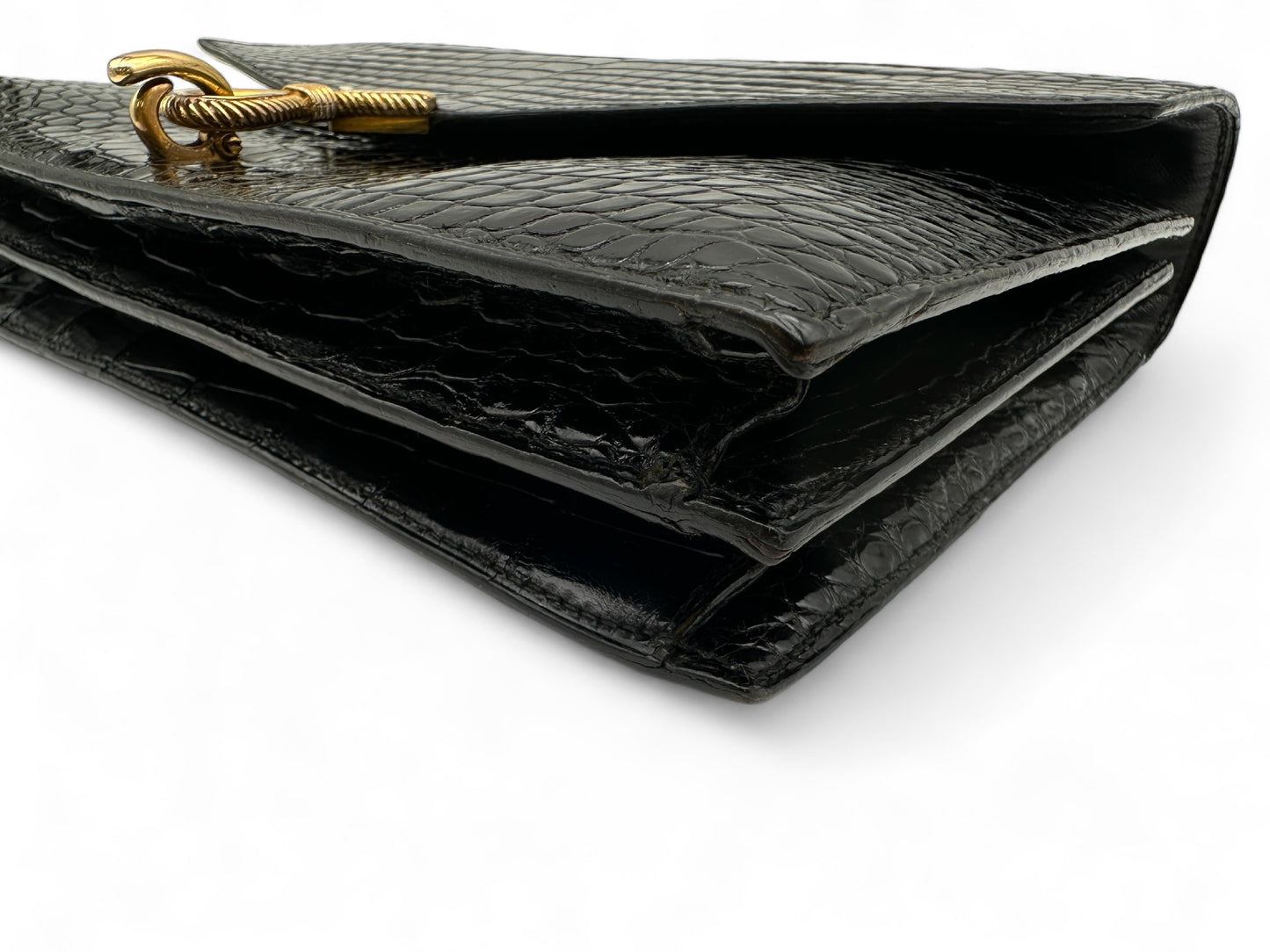 HERMES Vintage Crocodile Black with Gold Hardware, W24.5cm Handbag