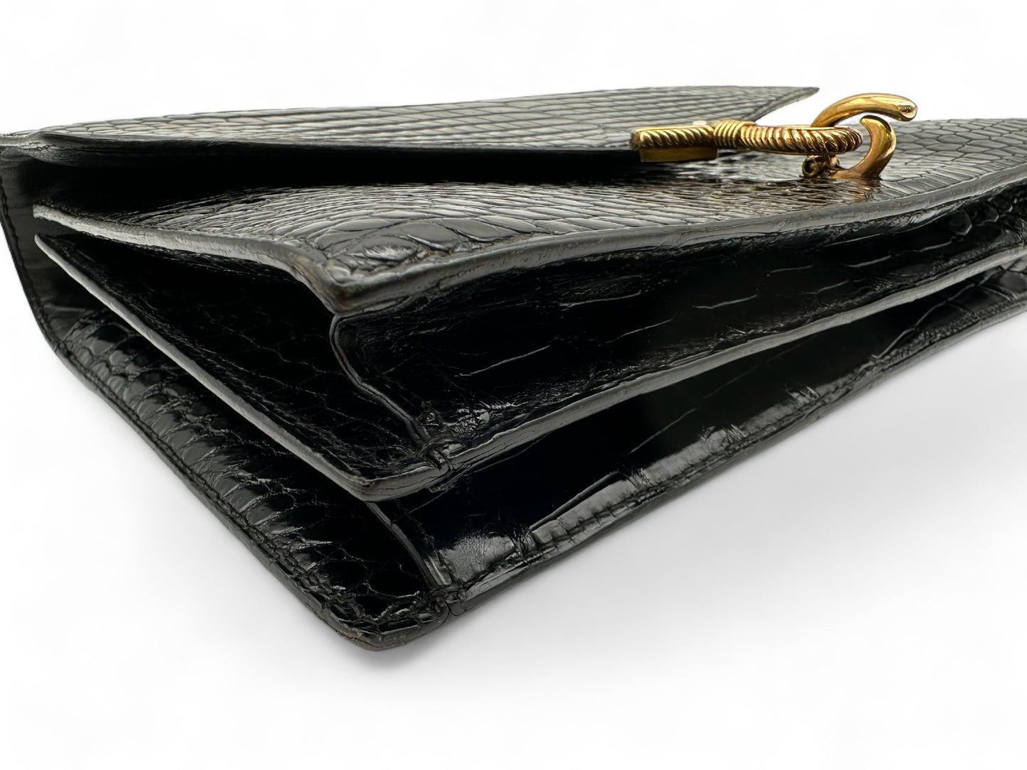 HERMES Vintage Crocodile Black with Gold Hardware, W24.5cm Handbag