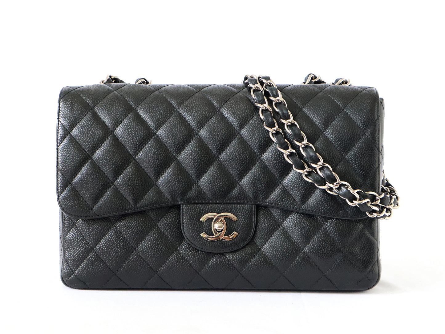 CHANEL Seal 11 Series Caviar Skin Deca Matelasse 30 Double Chain Shoulder Bag Black