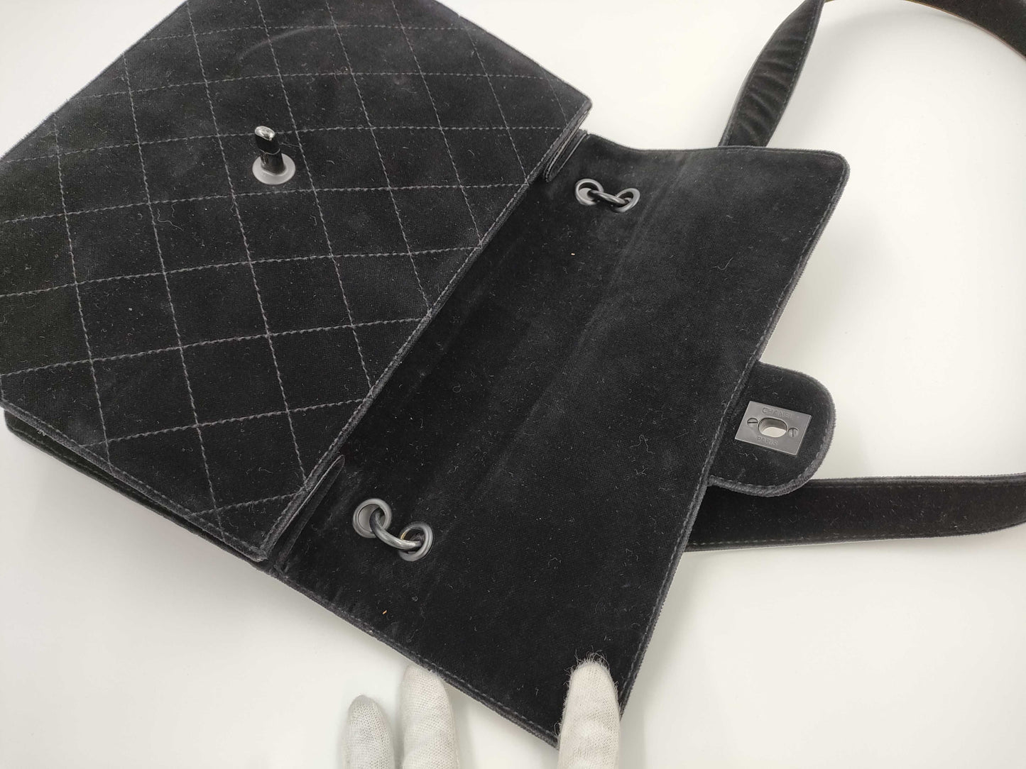 CHANEL Matelasse Velour Black Shoulder Bag with Black Hardware