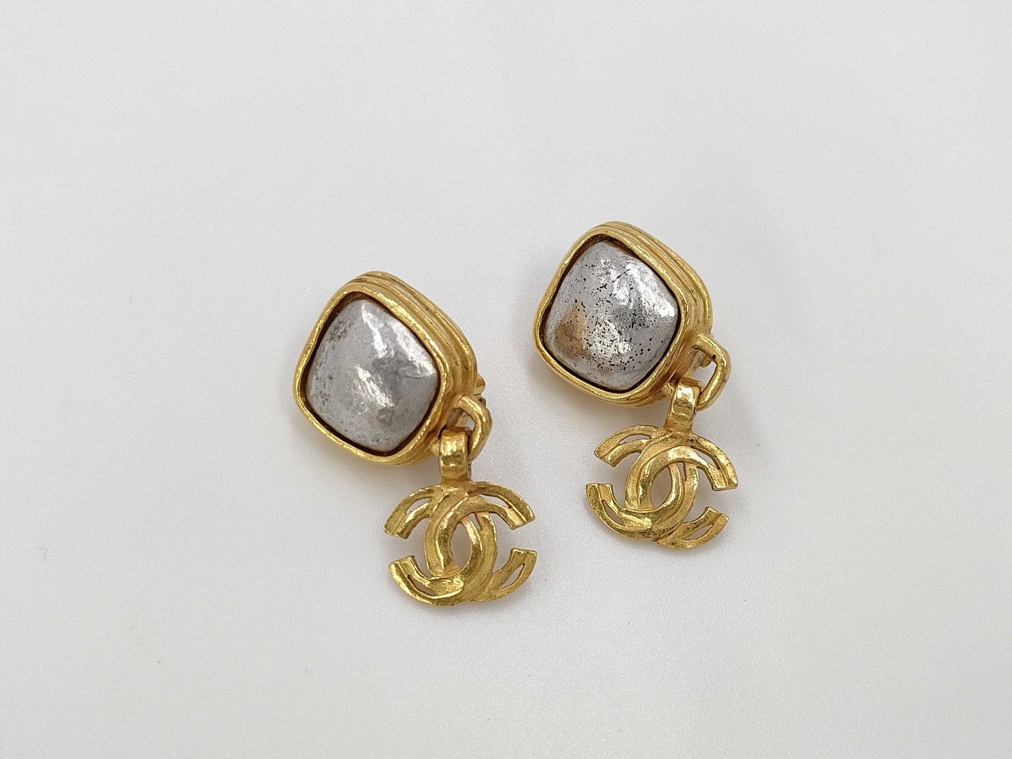 CHANEL CHANEL Gold Coco Earrings with Silver Stone