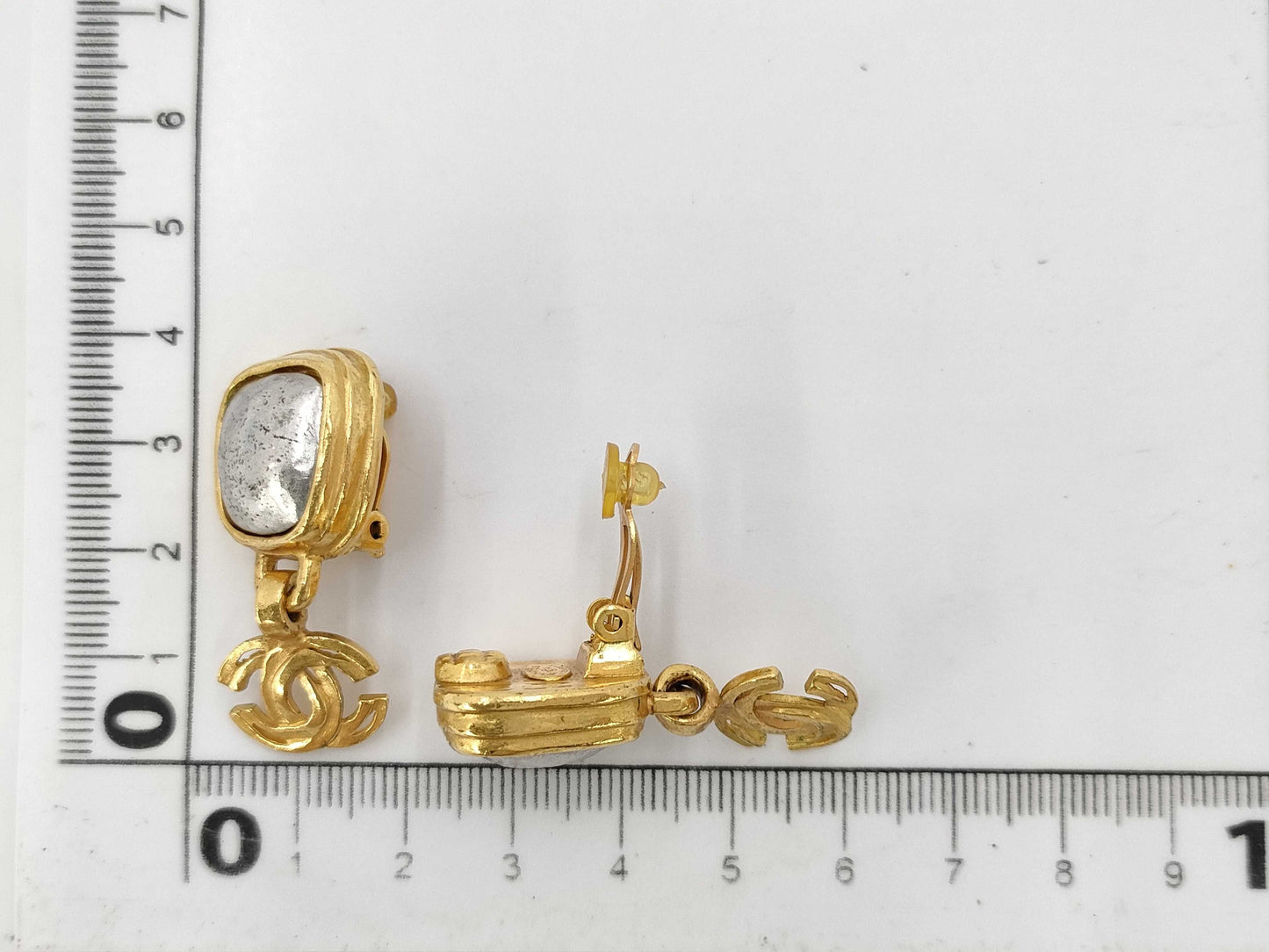 CHANEL CHANEL Gold Coco Earrings with Silver Stone