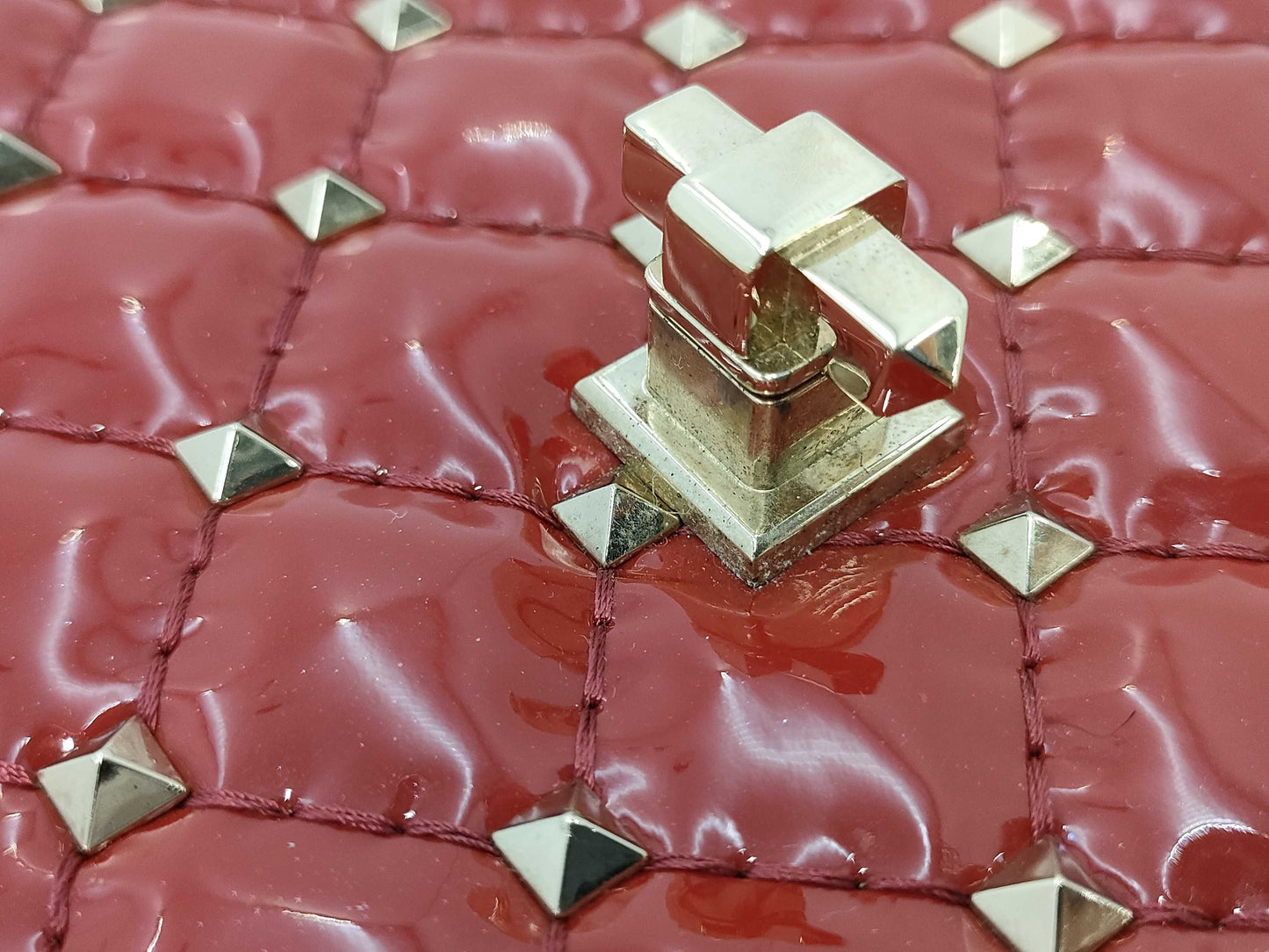 VALENTINO Enamel Studded Red Shoulder Bag