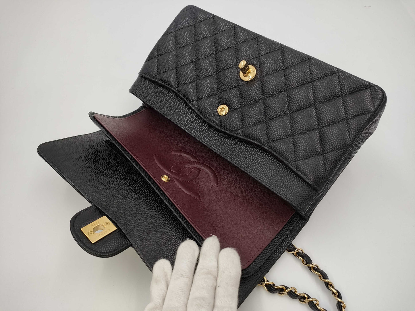 CHANEL Caviar Skin Double Flap 25 Plate Black Shoulder Bag