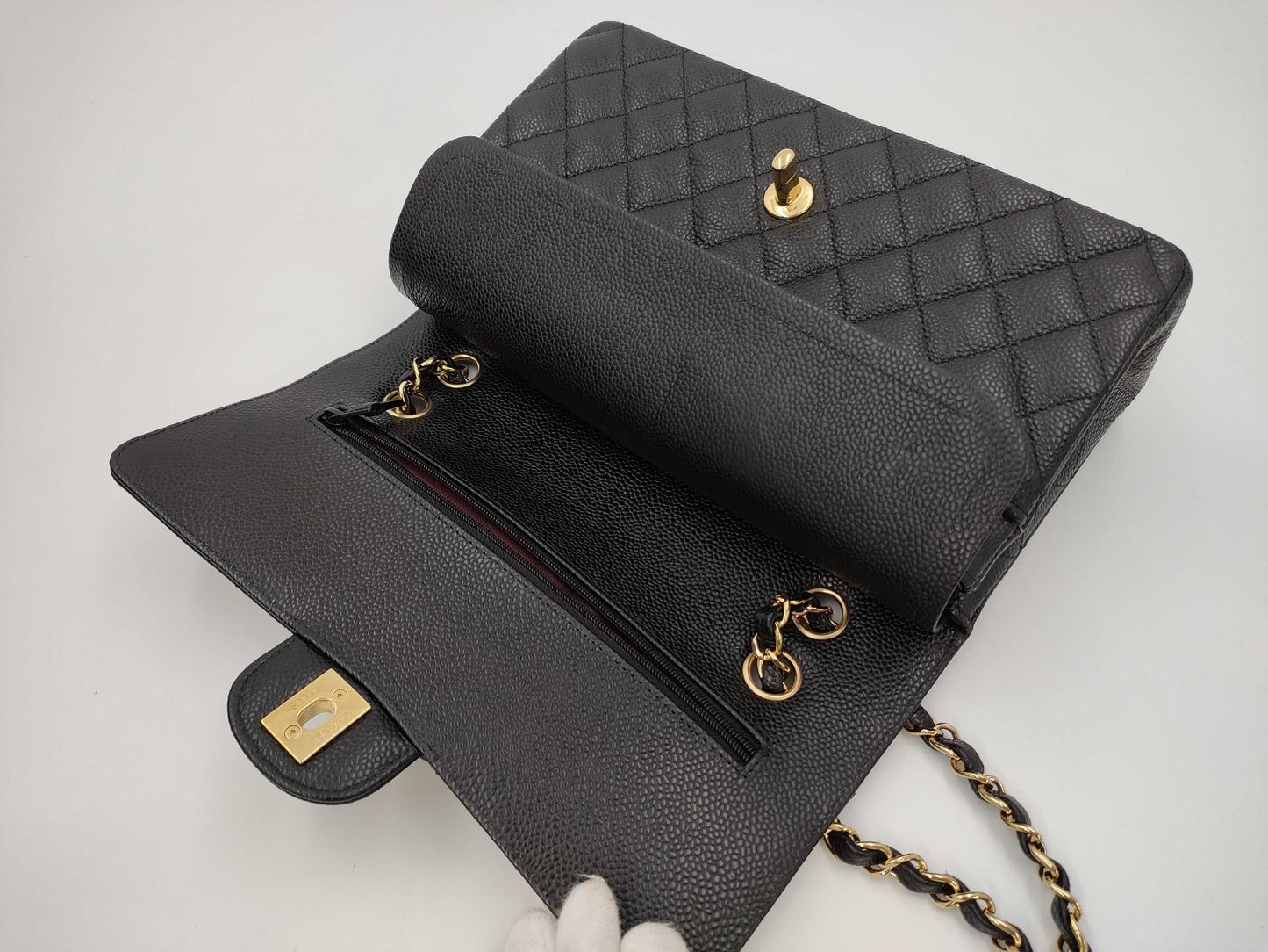 CHANEL Caviar Skin Double Flap 25 Plate Black Shoulder Bag