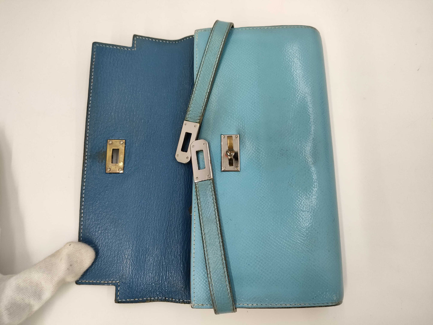 HERMES Kelly Wallet □O Blue Jean Wallet