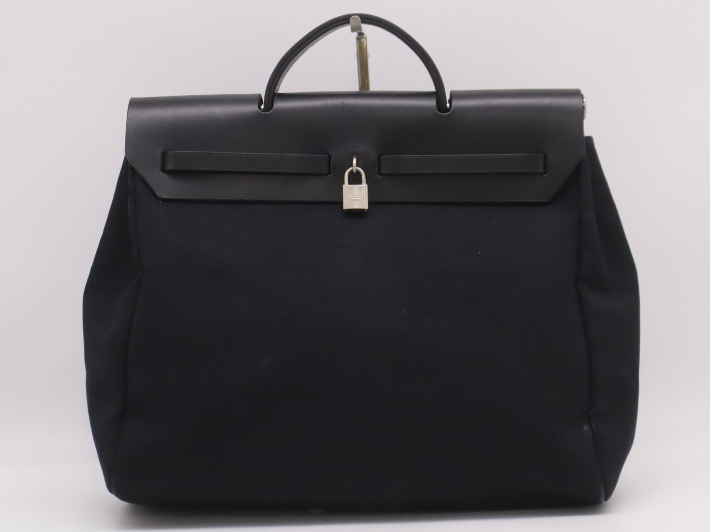 HERMES Toile Officier x Leather Air Bag MM □C Stamp 1999 Black Handbag with Padlock Strap