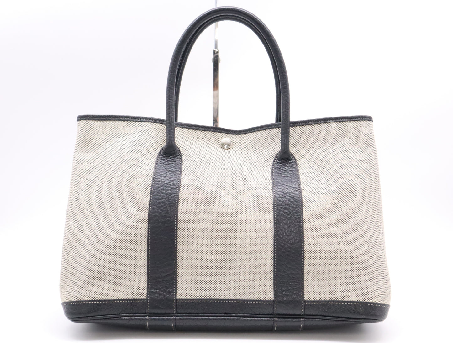 HERMES Garden Party PM Tote Bag, □H Stamp, 2004, Toile H x Leather, Gray Tote Bag