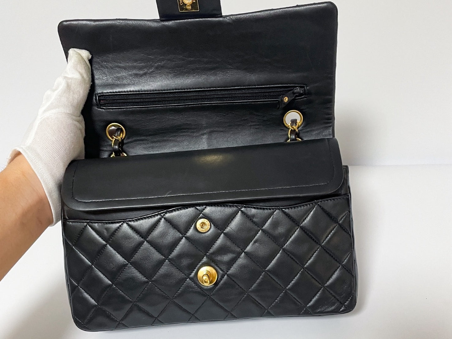 CHANEL Double Flap Matelasse Black Lambskin Shoulder Bag with Seal and Box