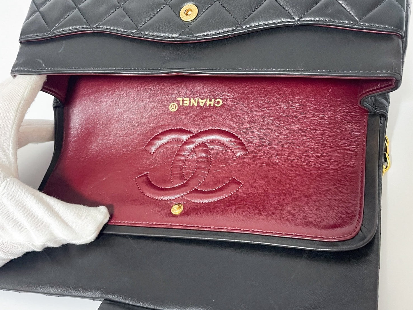 CHANEL Double Flap Matelasse Black Lambskin Shoulder Bag with Seal and Box