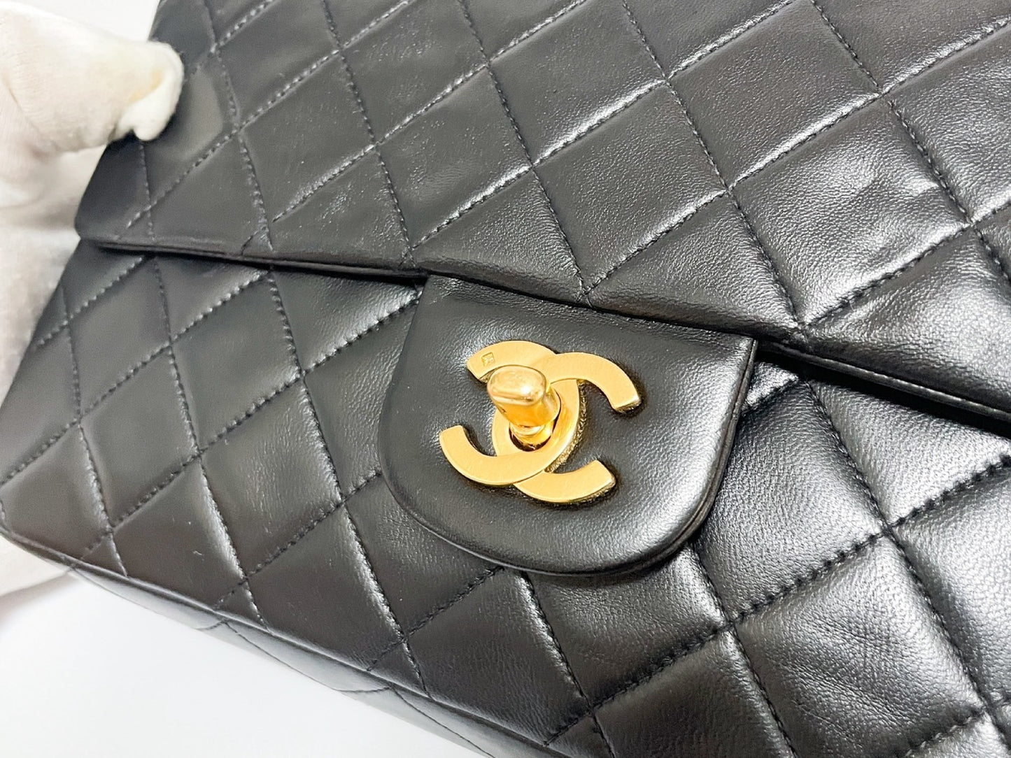 CHANEL Double Flap Matelasse Black Lambskin Shoulder Bag with Seal and Box