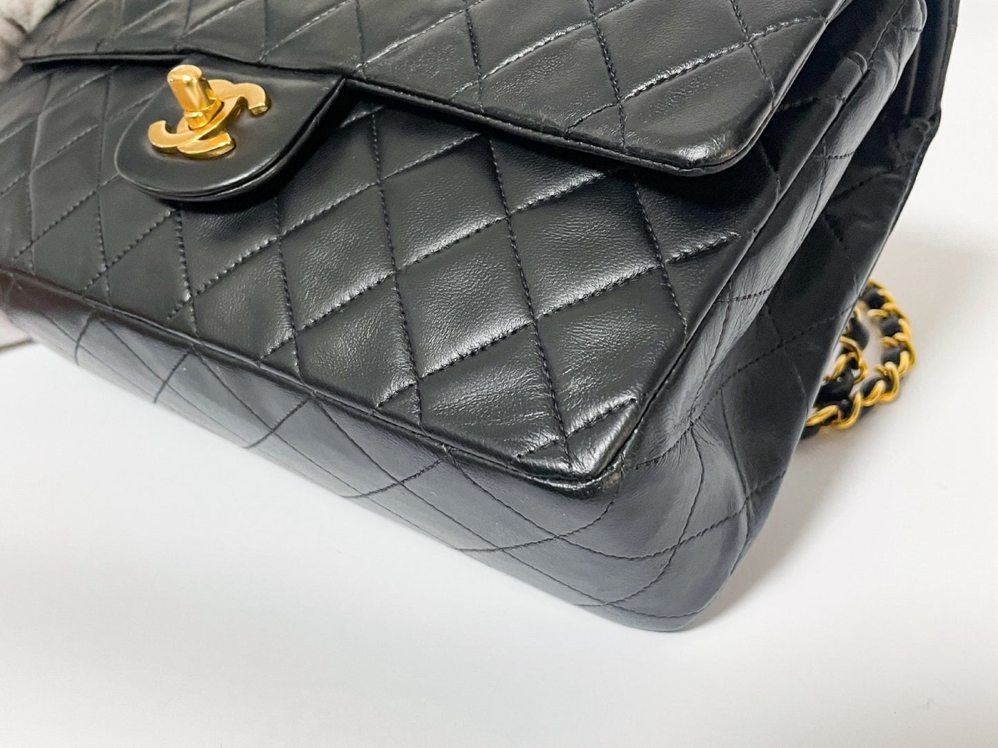 CHANEL Double Flap Matelasse Black Lambskin Shoulder Bag with Seal and Box