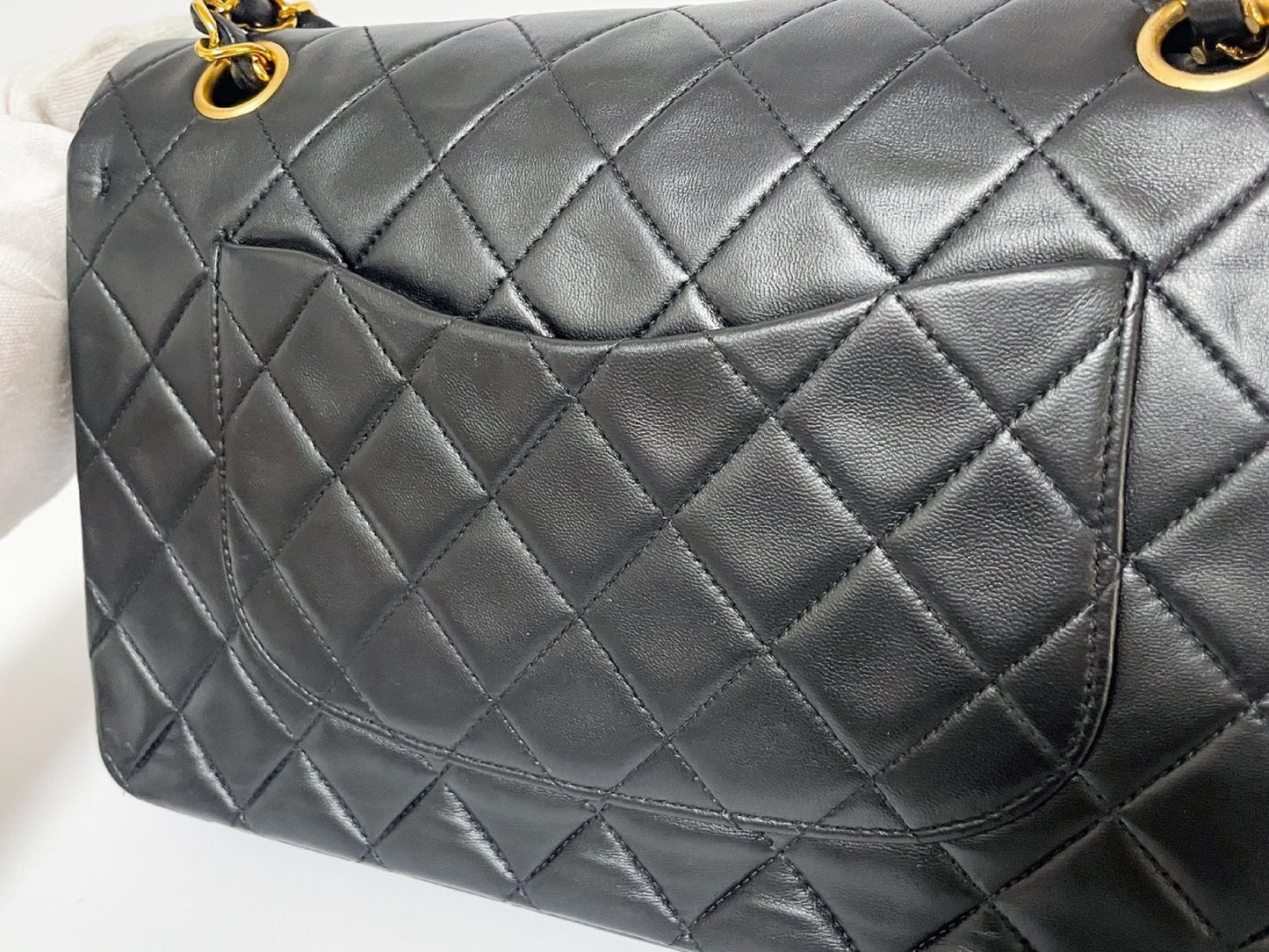 CHANEL Double Flap Matelasse Black Lambskin Shoulder Bag with Seal and Box