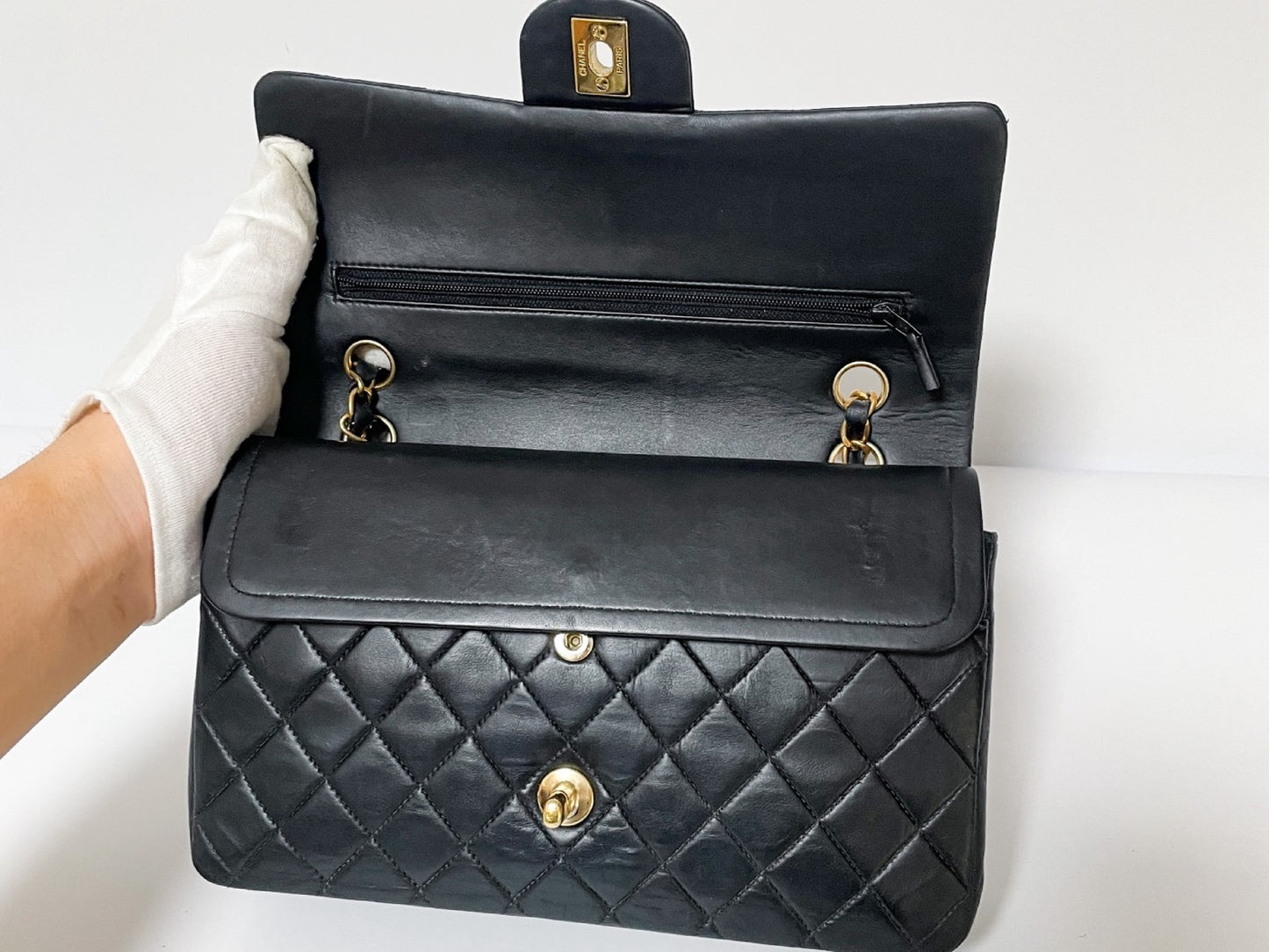 CHANEL Double Flap Matelasse Black Lambskin Shoulder Bag with Seal, No. 7