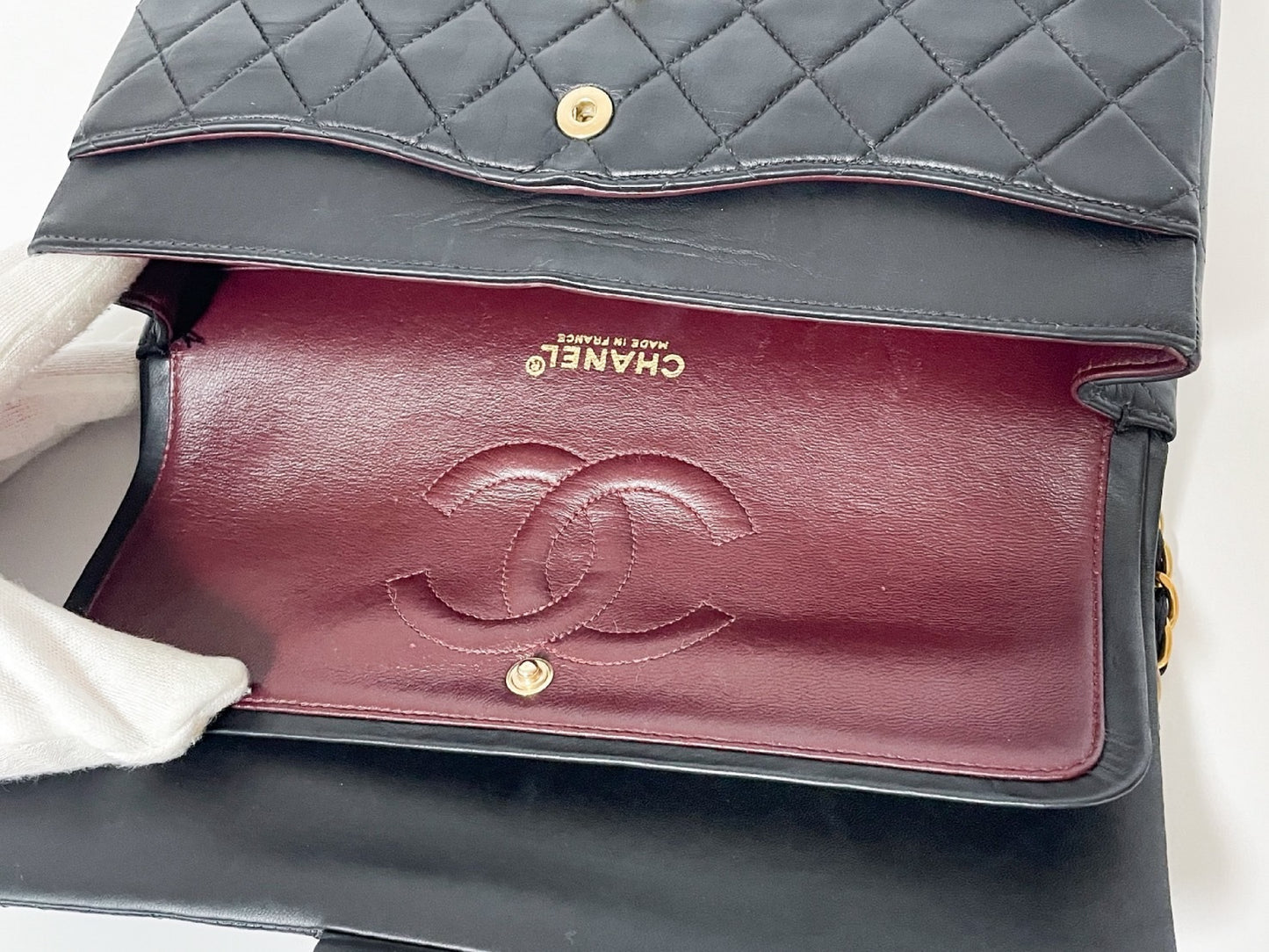 CHANEL Double Flap Matelasse Black Lambskin Shoulder Bag with Seal, No. 7