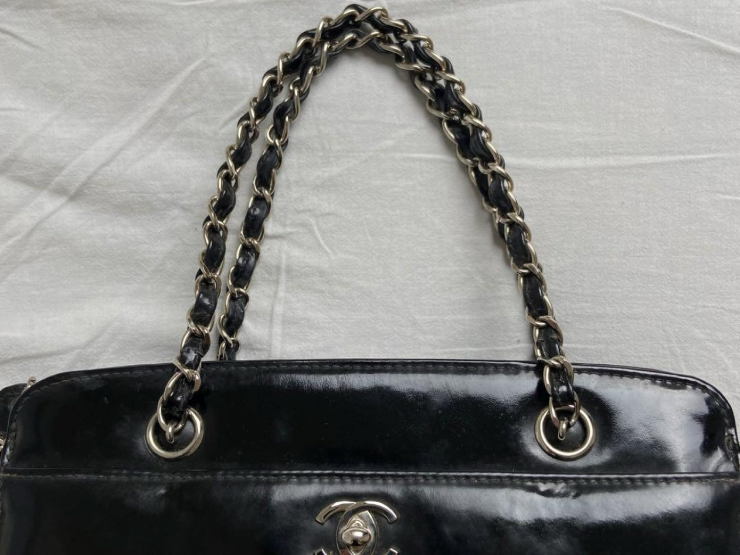 CHANEL Coco Mark Patent Leather Chain Handbag Black Silver Shoulder Bag