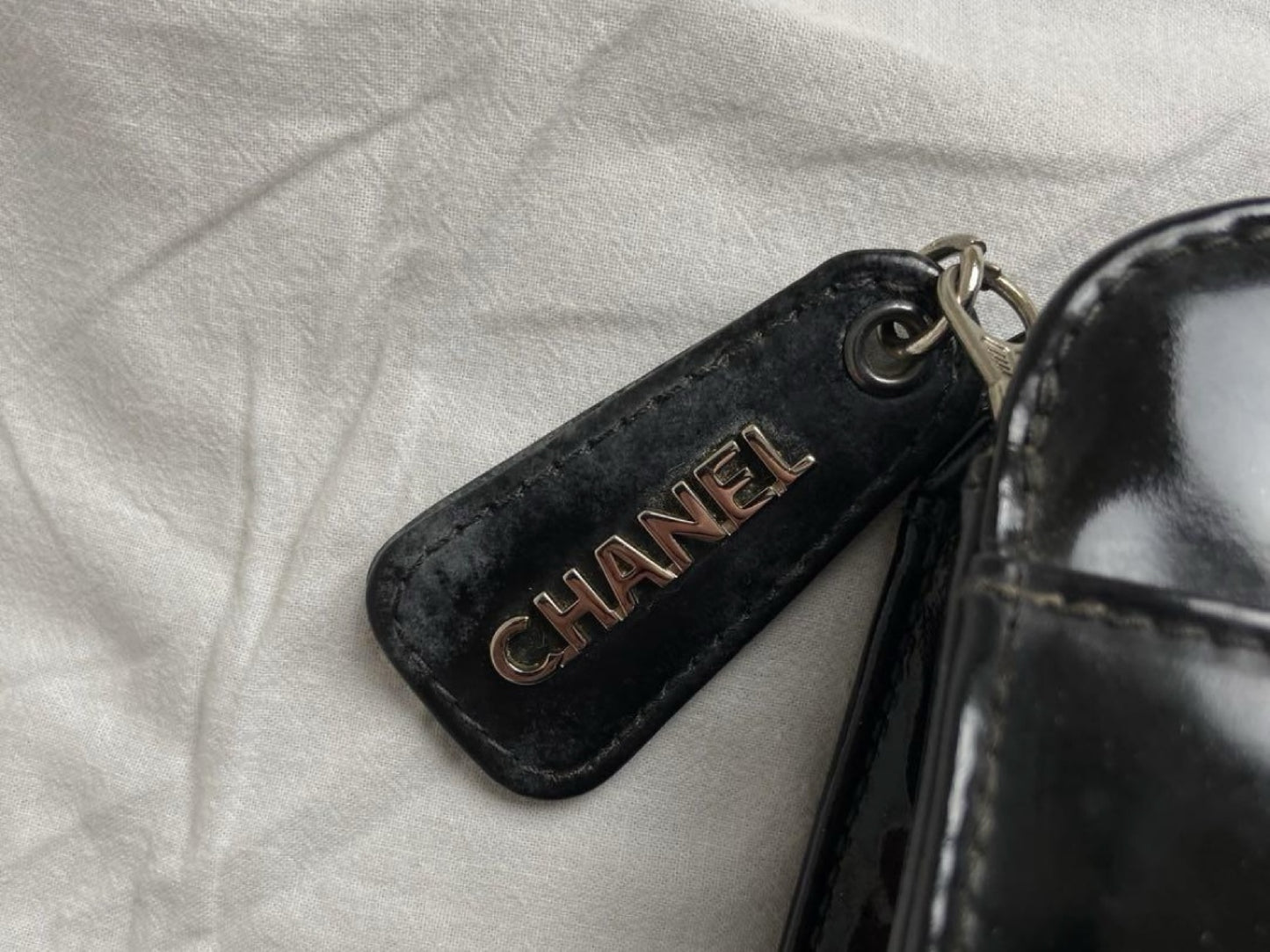 CHANEL Coco Mark Patent Leather Chain Handbag Black Silver Shoulder Bag