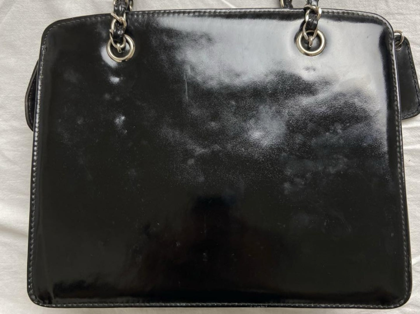 CHANEL Coco Mark Patent Leather Chain Handbag Black Silver Shoulder Bag