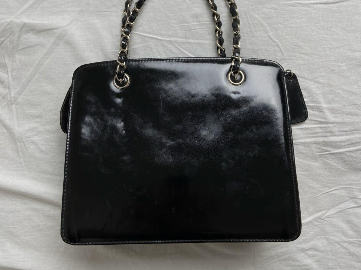 CHANEL Coco Mark Patent Leather Chain Handbag Black Silver Shoulder Bag
