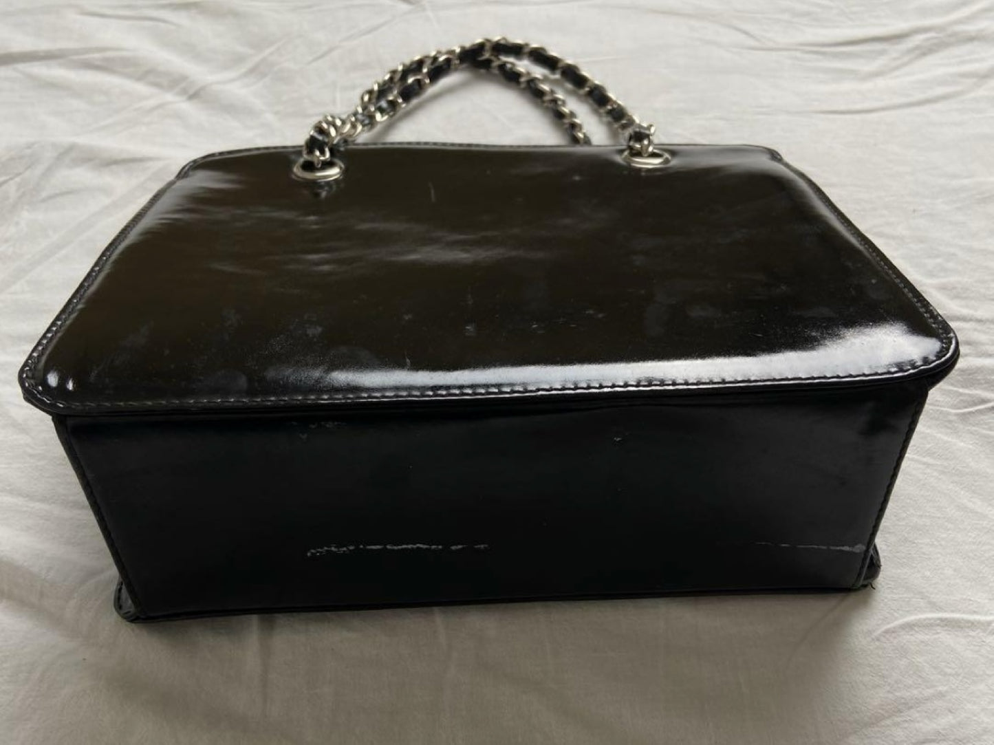 CHANEL Coco Mark Patent Leather Chain Handbag Black Silver Shoulder Bag