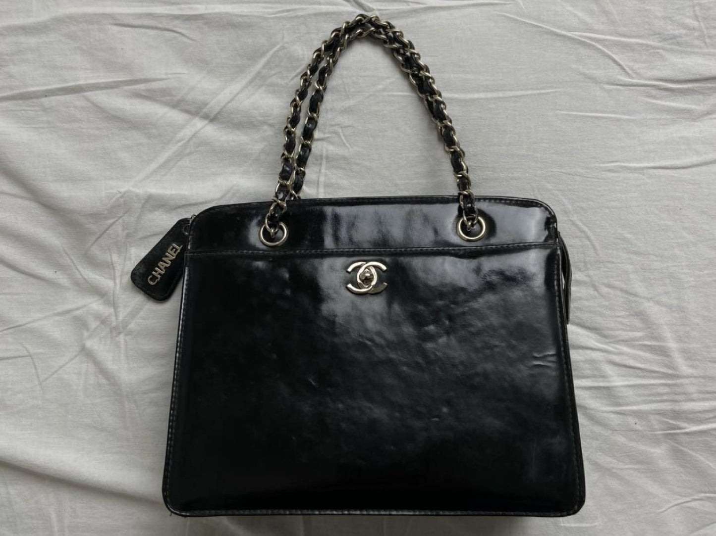 CHANEL Coco Mark Patent Leather Chain Handbag Black Silver Shoulder Bag