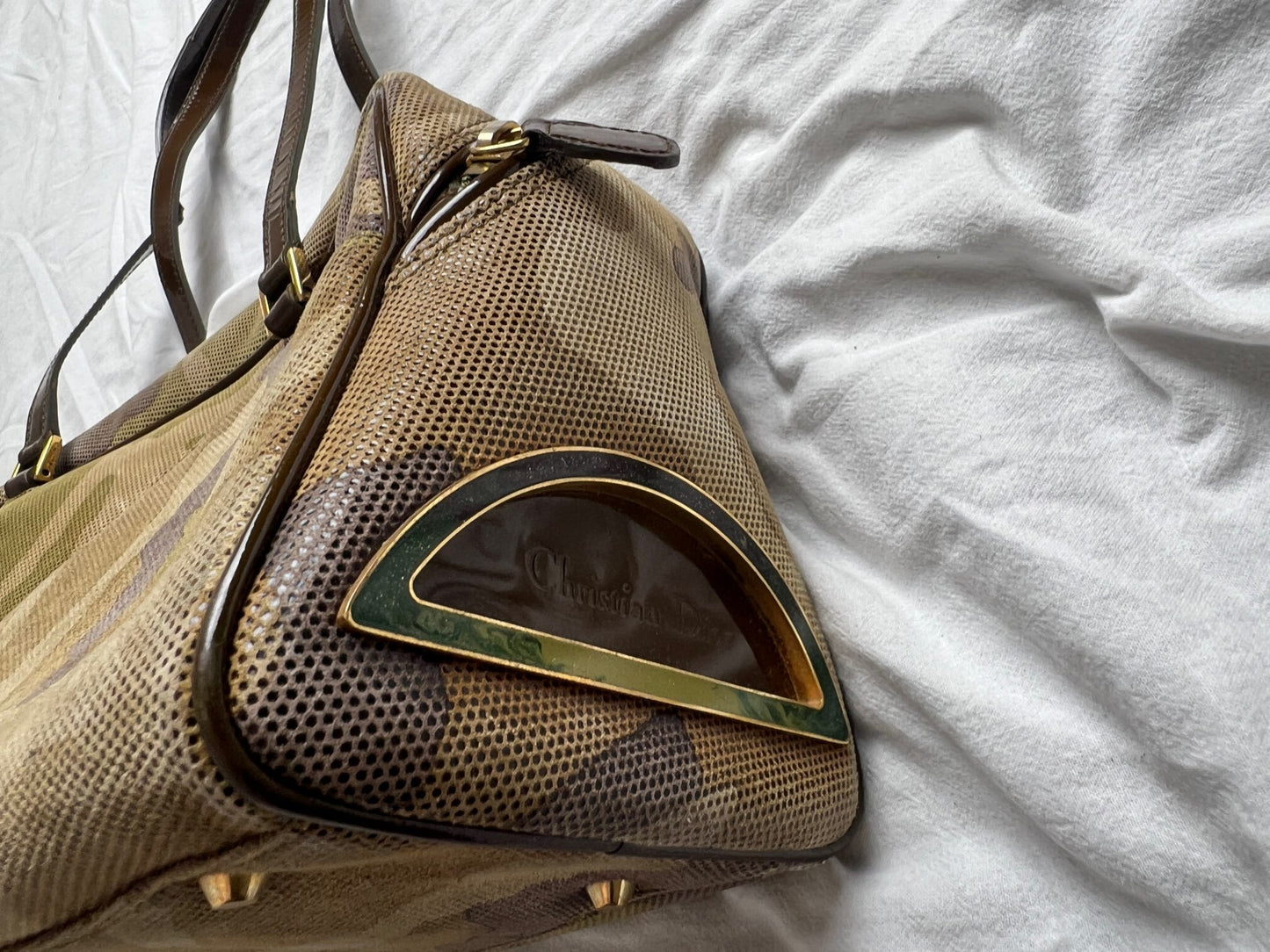 Dior Galliano-era Boston bag, handbag, tote bag, shoulder bag, camo pattern shoulder bag