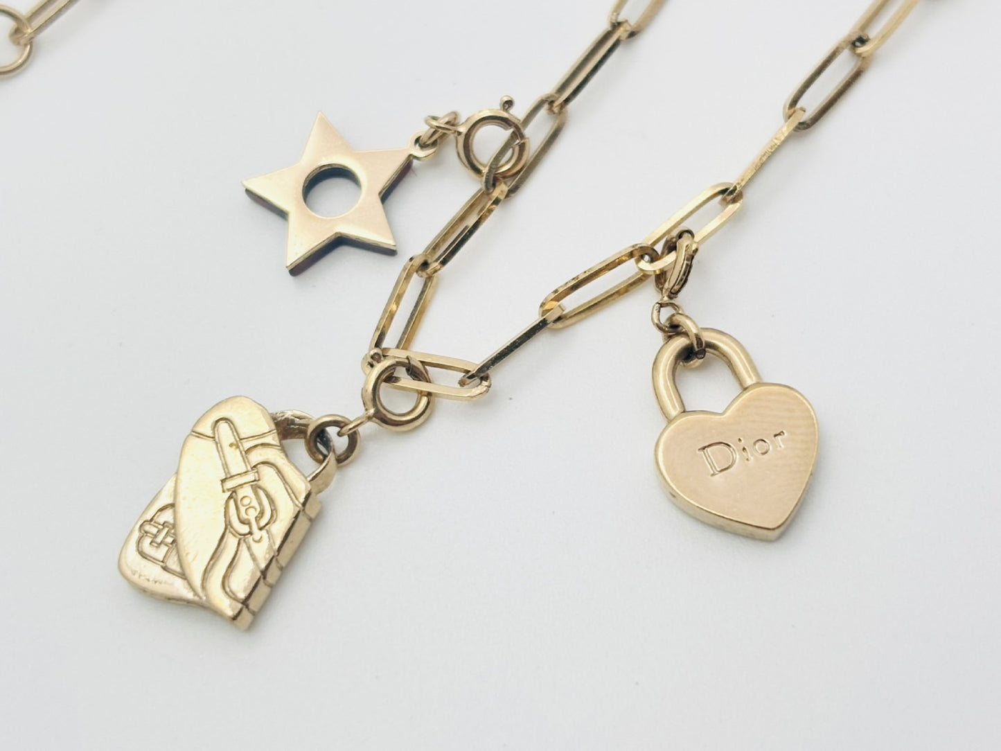 Dior Dior Logo Rhinestone Wood Circle Safety Pin Icon 3 Charm Saddlebag & Star & Heart Multi-Way Gold Necklace