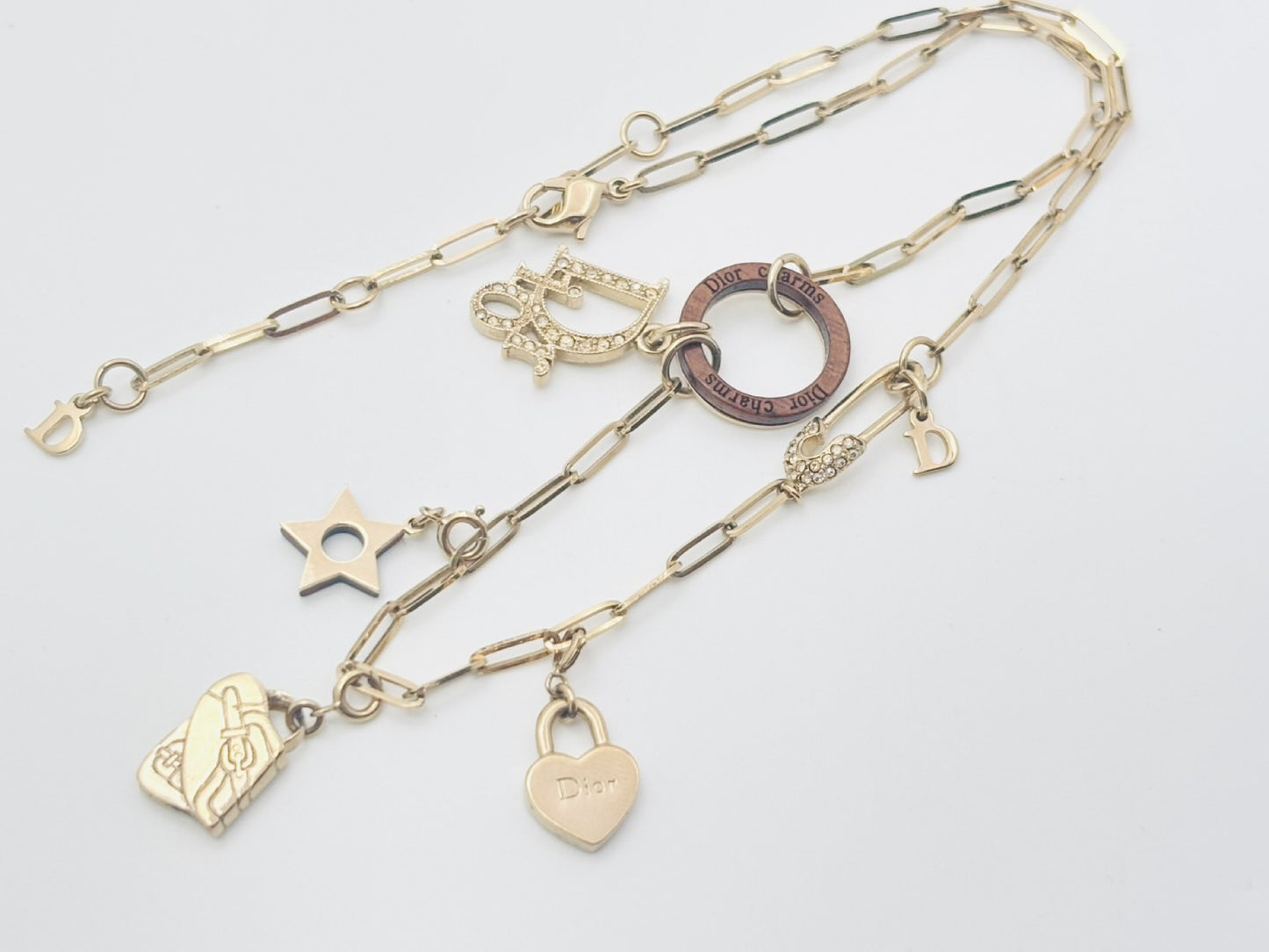 Dior Dior Logo Rhinestone Wood Circle Safety Pin Icon 3 Charm Saddlebag & Star & Heart Multi-Way Gold Necklace
