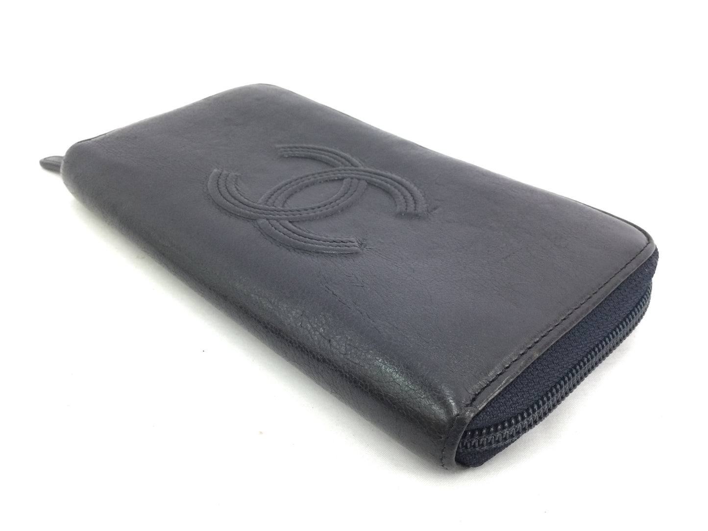 CHANEL Caviar Coco Mark Leather Black Long Wallet with Round Zipper